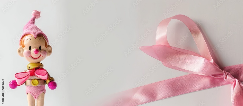 Pink Pinocchio doll adjacent to a pink ribbon on a white backdrop with ample copy space image. Pink Pinocchio doll adjacent to a pink ribbon on a white backdrop with ample copy space image.