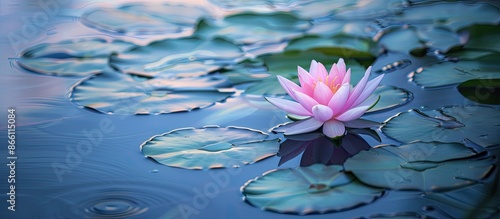 Stunning pink water lily on a tranquil lake with ample copy space image. © Ilgun