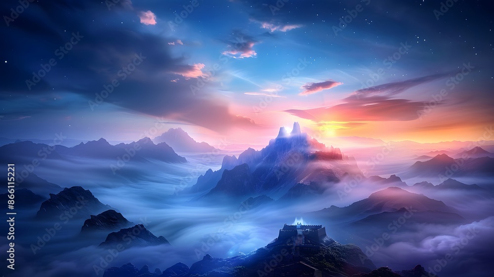 A serene desert landscape with glowing mist surrounding ancient ruins, under a vibrant night sky. List of Art Media by glowing mist Supernatural fantasy twist realistic A serene desert landscape with glowing mist surrounding ancient ruins, under a vibrant night sky. List of Art Media by glowing mist Supernatural fantasy twist realistic