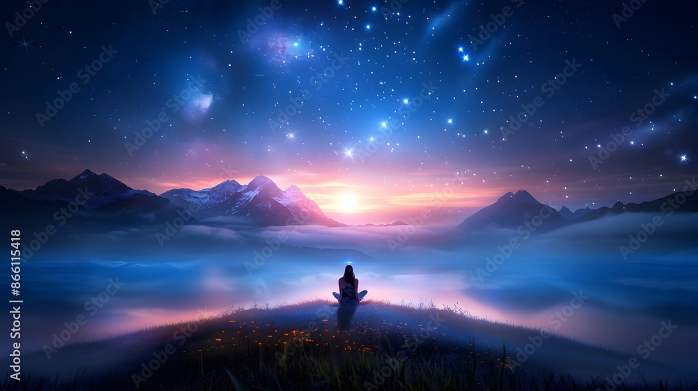 A mystical figure observing the night sky, surrounded by glowing mist and twinkling stars. List of Art Media by glowing mist Supernatural fantasy twist realistic A mystical figure observing the night sky, surrounded by glowing mist and twinkling stars. List of Art Media by glowing mist Supernatural fantasy twist realistic