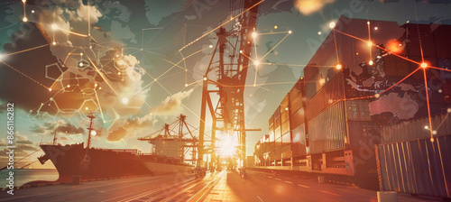 A cargo ship sits docked at a port as the sun sets, with a digital overlay showing a network of connections between continents, symbolizing the global reach of trade and shipping photo