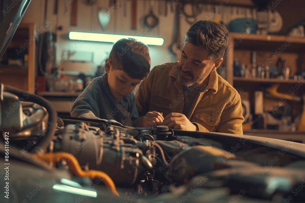 Father teaching son car repair in cozy garage, bonding over shared experience, passing on skills and knowledge. Boy eager to learn, focusing on tools and parts Father teaching son car repair in cozy garage, bonding over shared experience, passing on skills and knowledge. Boy eager to learn, focusing on tools and parts