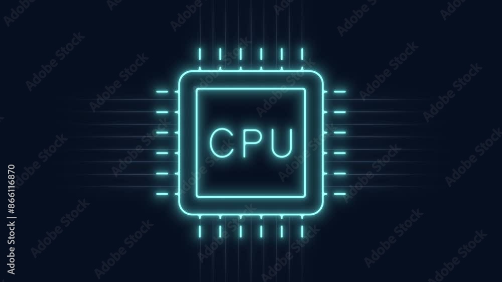 Animated cpu circuit neon animation. Processor chip animated icon glow ...