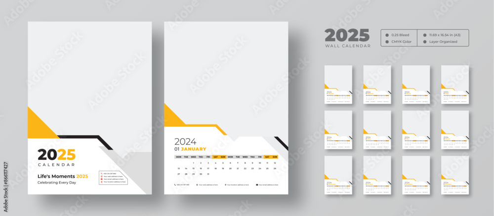 2025 wall calendar template, week starts Monday, set of 12 months, 12 ...