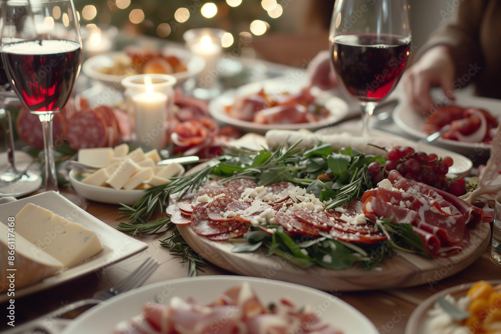Full table of delicious Dinner party table European foods and drinks from top view, Happy dining time, buffet food dishes background Full table of delicious Dinner party table European foods and drinks from top view, Happy dining time, buffet food dishes background