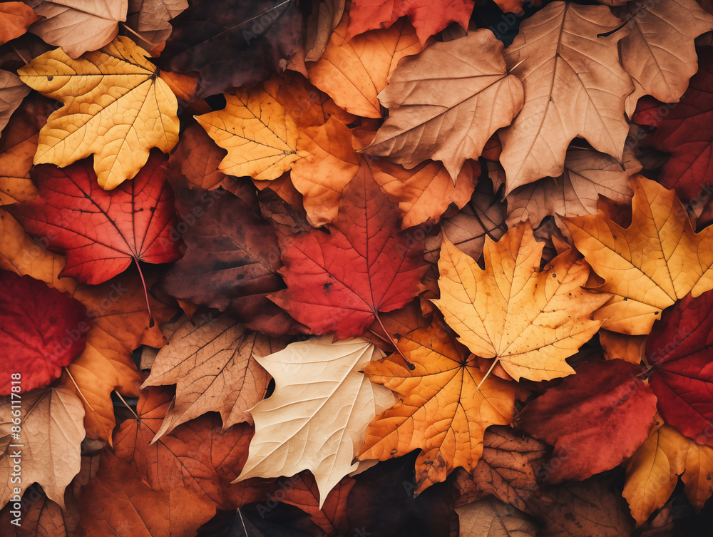 Colorful Autumn Leaves on Ground, Vibrant Fall Foliage, Seasonal Nature Background with Copy Space Colorful Autumn Leaves on Ground, Vibrant Fall Foliage, Seasonal Nature Background with Copy Space