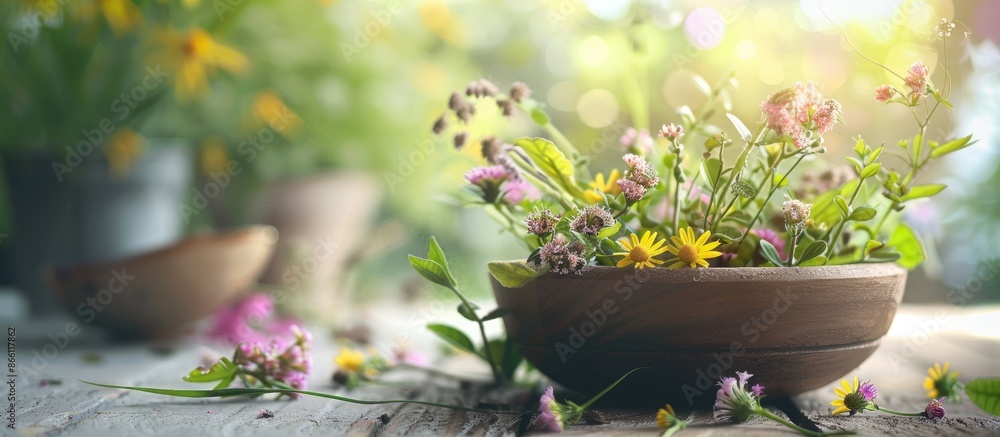 A nature-themed composition with selective focus showcasing medicinal herbs on a table with copy space image. A nature-themed composition with selective focus showcasing medicinal herbs on a table with copy space image.