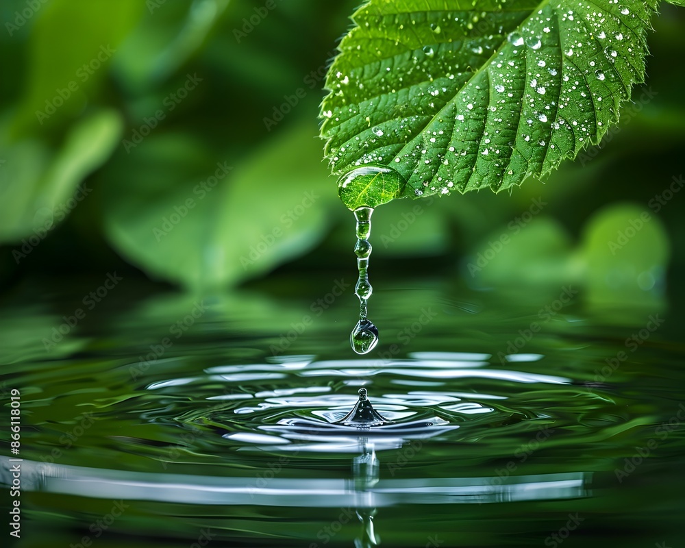 Water Droplet Falling from Leaf into Calm Pond Creating Ripples Water Droplet Falling from Leaf into Calm Pond Creating Ripples