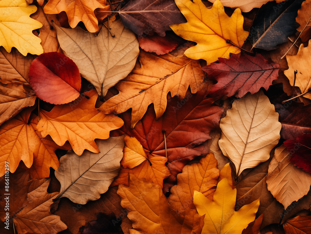 Obraz premium Colorful Autumn Leaves on Ground, Vibrant Fall Foliage, Seasonal Nature Background with Copy Space