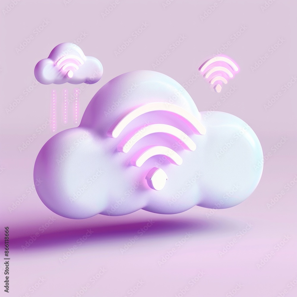 3D Icon of a Cloud with Wi-Fi Signals on Pastel Violet Background A cloud emitting Wi-Fi signals, AI Generative 3D Icon of a Cloud with Wi-Fi Signals on Pastel Violet Background A cloud emitting Wi-Fi signals, AI Generative