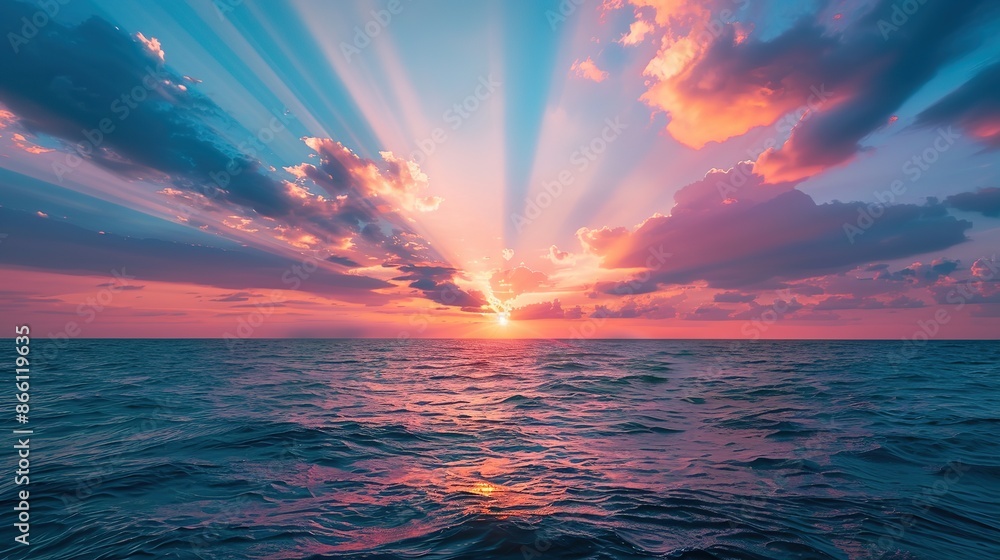 Stunning colorful sunset over the ocean with a beautiful sky, panoramic seascape, natural landscape background for design, banners, posters, and greeting cards. Captivating twilight hues and serene Stunning colorful sunset over the ocean with a beautiful sky, panoramic seascape, natural landscape background for design, banners, posters, and greeting cards. Captivating twilight hues and serene