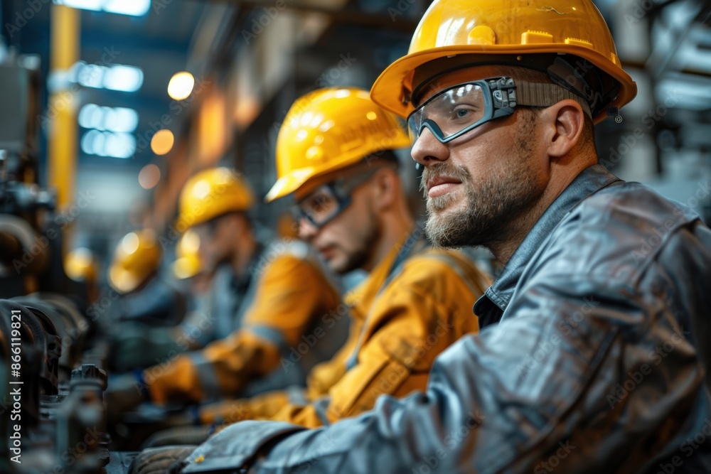 Workers in hard hats focusing on tasks in a manufacturing factory, showcasing teamwork and industrial labor in a production environment. Workers in hard hats focusing on tasks in a manufacturing factory, showcasing teamwork and industrial labor in a production environment.