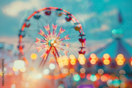 A Ferris wheel rotating, with a softly blurred background of colorful amusement park lights and rides.  photo