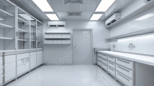 A sterile, white industrial refrigerated room for food storage, featuring a freezer unit and rows of shelving. The room is clean, modern, and well-lit