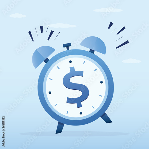Ringing alarm clock with dollar money sign on clock face. Boost your earnings and income. Time for money, deadline to start building wealth concept, making profit from investment.