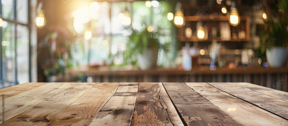 A wooden table with a blurred background in a cafe or coffee shop, suitable for displaying or montaging your products, alongside a copy space image. A wooden table with a blurred background in a cafe or coffee shop, suitable for displaying or montaging your products, alongside a copy space image.