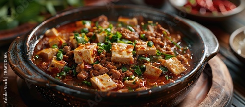 A Chinese dish of minced pork and tofu, called Mapo Tofu, is simmered, ideal for a food photography with copy space image, showcasing its flavors.