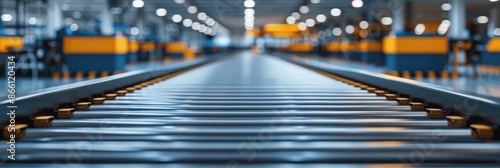 Close-up of conveyor belt in a factory or warehouse, showing industrial production process and automation. photo