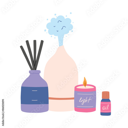 Vector illustration of aroma diffuser, candle and aroma oil. Aromatherapy concept.