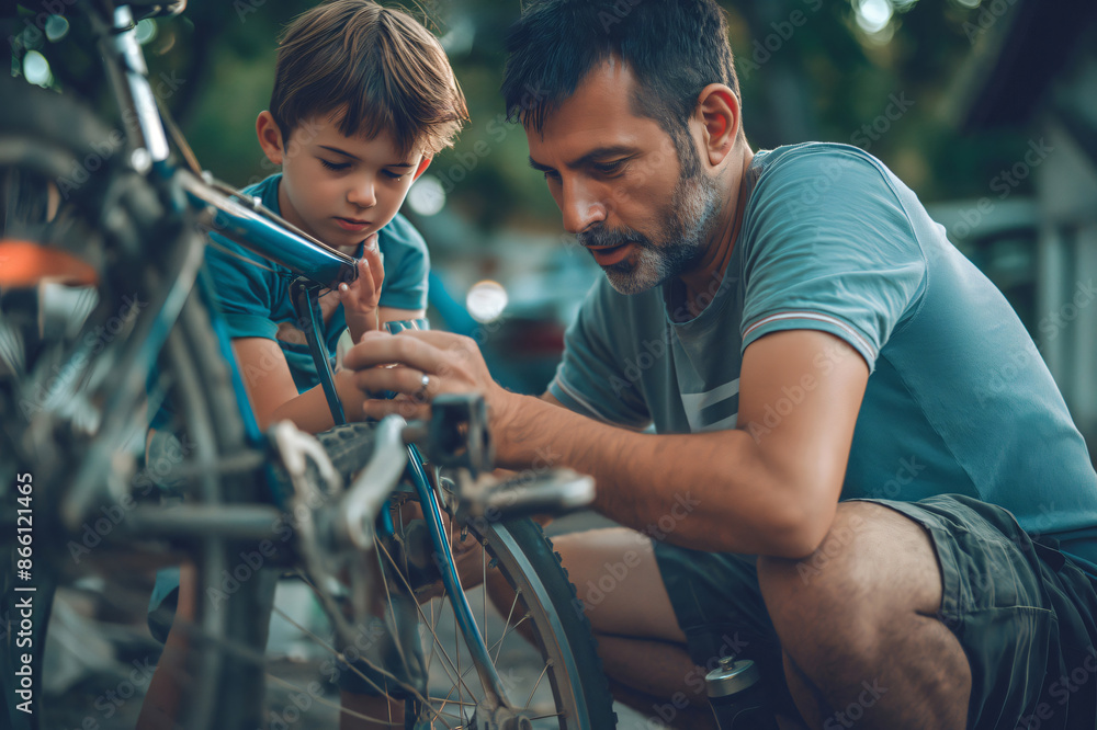 Obraz premium Father teaching son to repair bike outdoors on sunny day, bonding and creating lasting memories