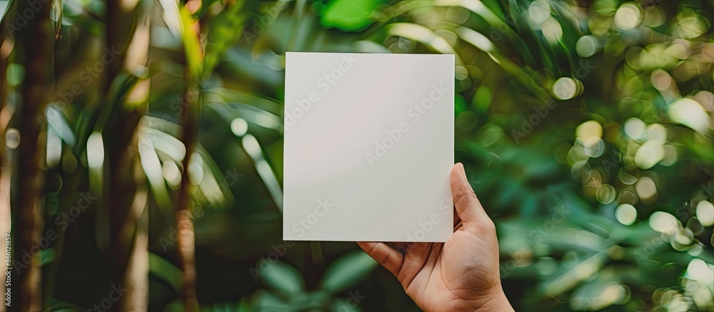A hand holding a white square design with copy space image for a letterhead mock-up background. A hand holding a white square design with copy space image for a letterhead mock-up background.