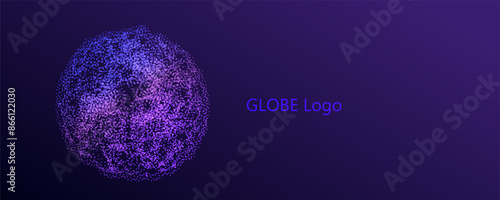 Sphere globe logo background. Abstract glowing blue planet. 3D network design. Technology and science concept. Vector big data futuristic illustration.