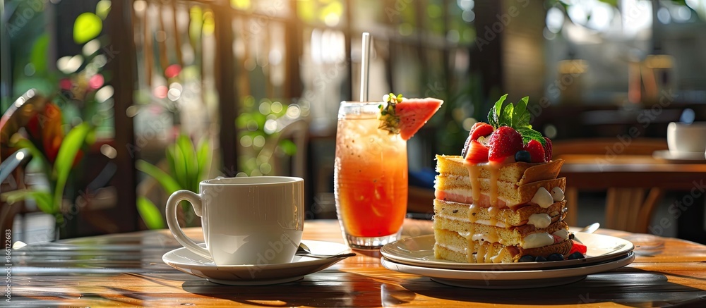A summer-themed dessert menu in a cozy cafe with a tropical drink selection, featuring an iced fruit tea, syrupy crepe cake. Displayed on a wooden table with soft background lighting, offering a A summer-themed dessert menu in a cozy cafe with a tropical drink selection, featuring an iced fruit tea, syrupy crepe cake. Displayed on a wooden table with soft background lighting, offering a