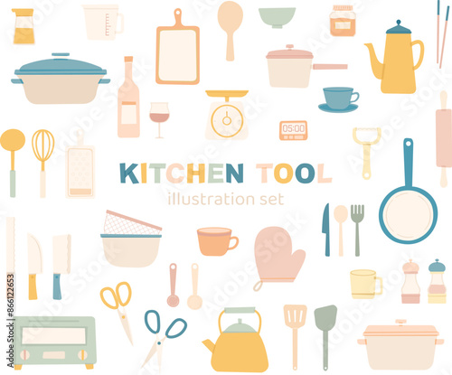 キッチンツール　調理器具　台所　イラスト　落書き風　セット　かわいい　線なし　フラット　シンプル