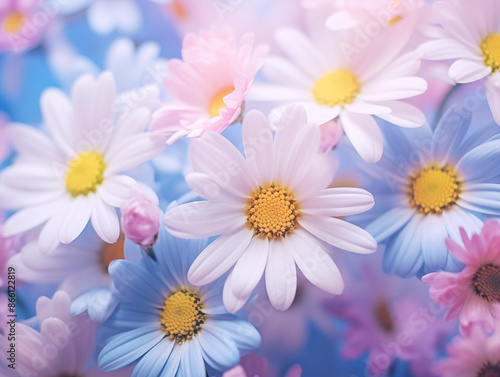 Beautiful Pink and White Daisies, Soft Pastel Flowers, Springtime Floral Background with Copy Space