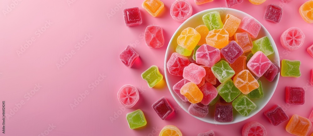 A festive holiday background featuring a variety of colorful gummy candies and jelly sweets arranged in a top-down view on an attractive pink desk with room for additional content. A festive holiday background featuring a variety of colorful gummy candies and jelly sweets arranged in a top-down view on an attractive pink desk with room for additional content.