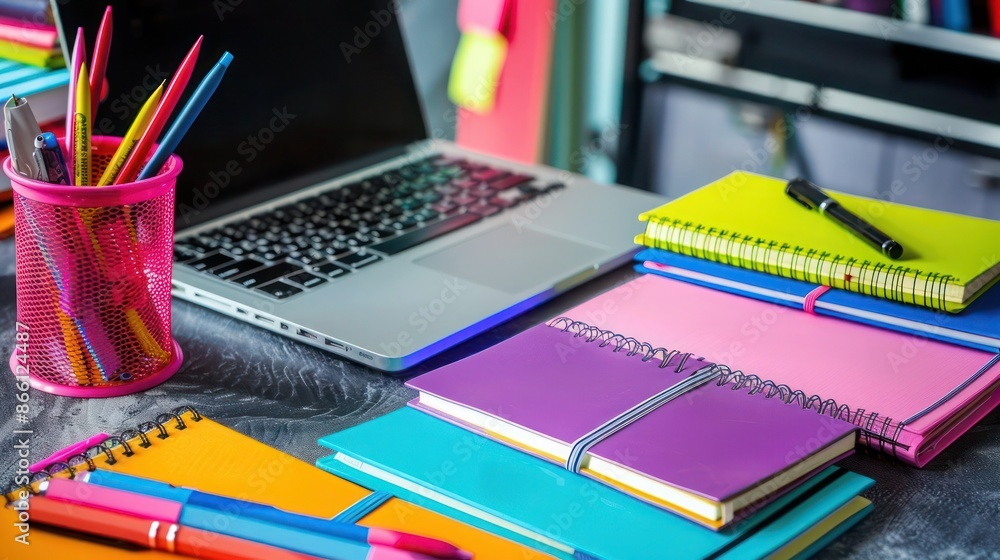 Tidy study area with a laptop, colorful notebooks, and plenty of space for text overlay Tidy study area with a laptop, colorful notebooks, and plenty of space for text overlay