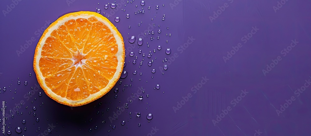 A navel orange half with water droplet on purple backdrop in a top-down copy space image. A navel orange half with water droplet on purple backdrop in a top-down copy space image.