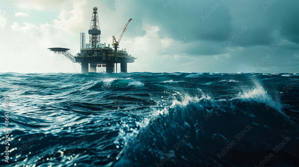 Fototapeta premium An oil and gas production platform stands tall against a stormy sea