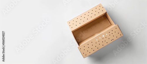 Cardboard box mockup isolated on white background with die-cut pattern. Dimensions: 25cm L x 15cm W x 10cm H. Includes copy space image. photo