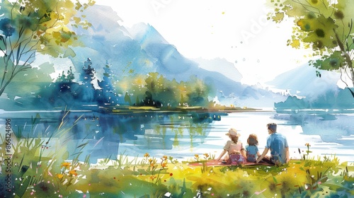 A watercolor painting of a family enjoying a peaceful picnic by a serene lake with mountains in the background.
