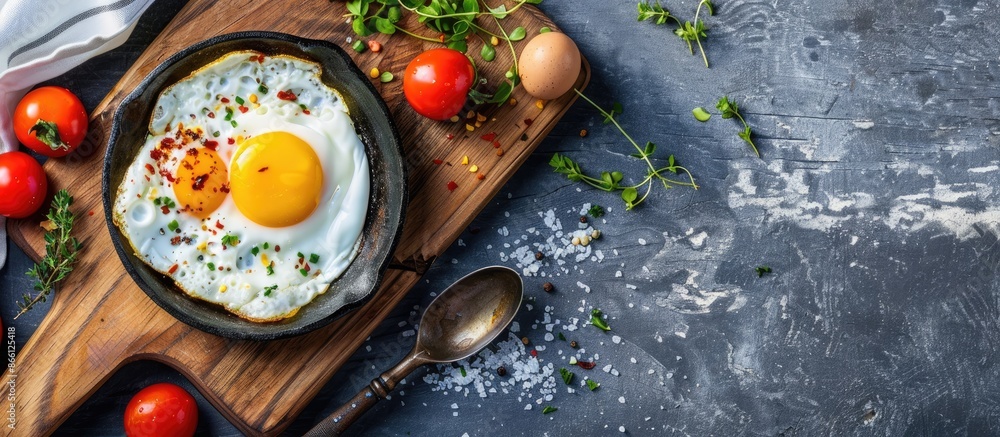Copy space image with ingredients for making Pan fried eggs and a pan American breakfast menu on a cutting board in a top view flat lay shot. Copy space image with ingredients for making Pan fried eggs and a pan American breakfast menu on a cutting board in a top view flat lay shot.