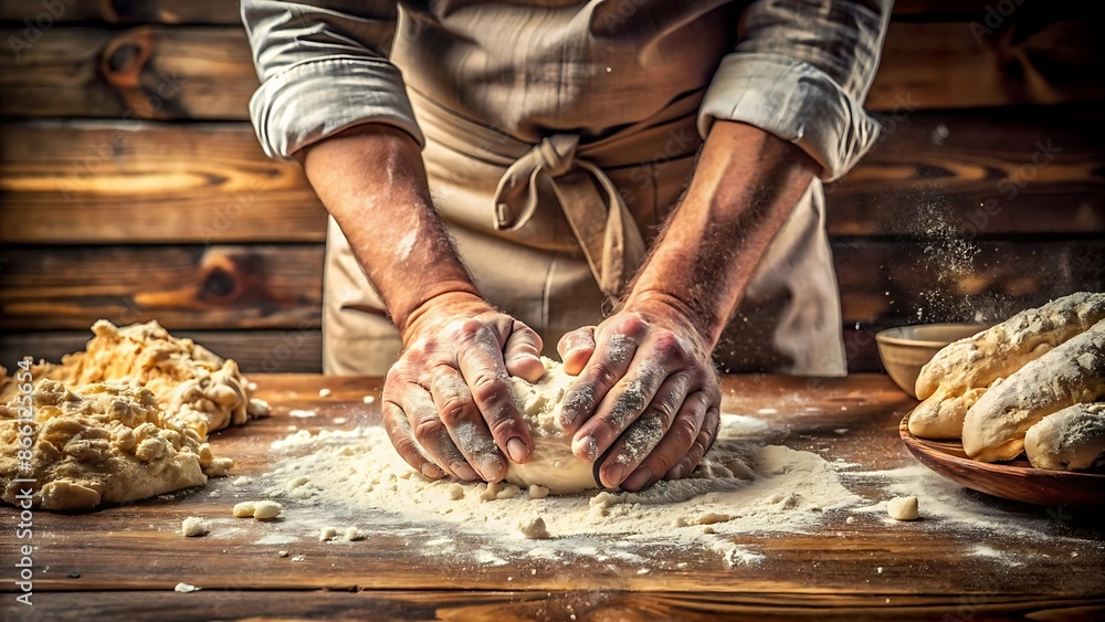 Flour-dusted hands knead dough on a well-worn wooden counter.
Flour-dusted hands knead dough on a well-worn wooden counter.