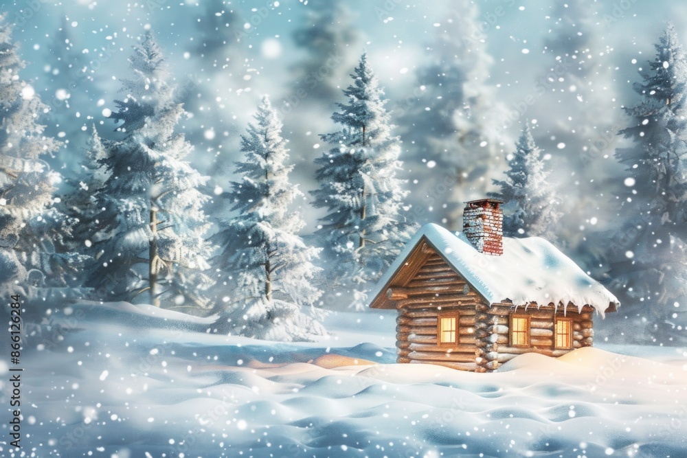 Fototapeta premium A cozy snow-covered cabin, with a softly blurred background of pine trees and a snowy landscape. 