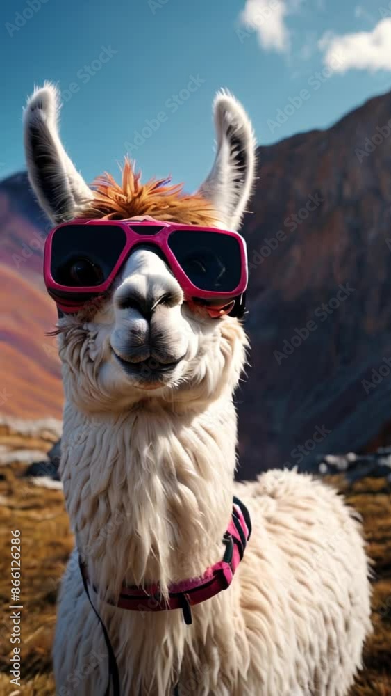 A fluffy llama wearing pink sunglasses smiles at the camera in a mountainous landscape A fluffy llama wearing pink sunglasses smiles at the camera in a mountainous landscape