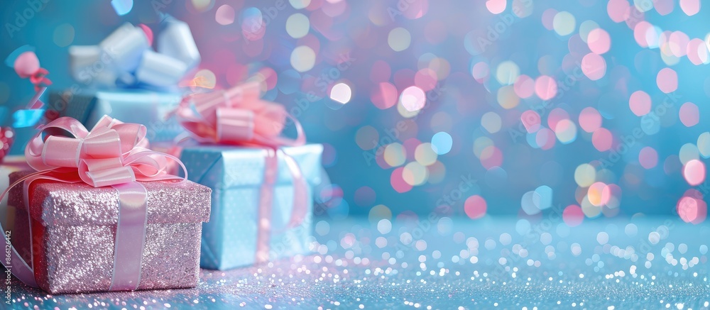 Fototapeta premium Festive Christmas boxes in pink and blue on a sparkling background with room for a copy space image.