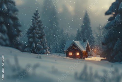 A cozy snow-covered cabin, with a softly blurred background of pine trees and a snowy landscape.  © grey