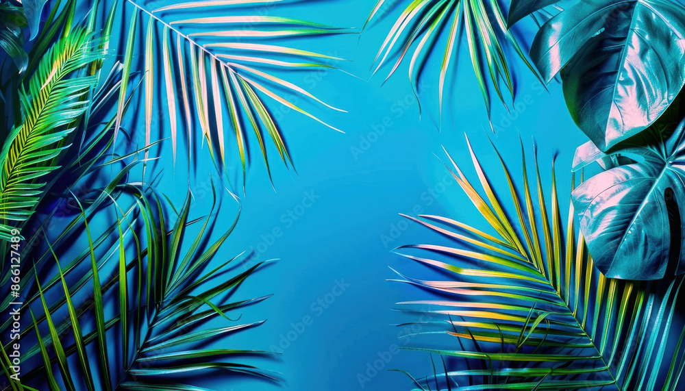 The image showcases lush tropical palm leaves set against a vibrant blue background The image showcases lush tropical palm leaves set against a vibrant blue background