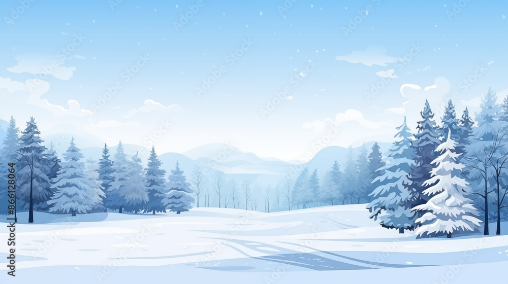 Scenic Winter Landscape with Snow-Covered Trees, Blue Sky, and Snowy Path Scenic Winter Landscape with Snow-Covered Trees, Blue Sky, and Snowy Path