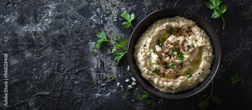 Dark background enhances the presentation of a bowl with delicious baba ghanoush and fresh elements; ideal for a copy space image. photo