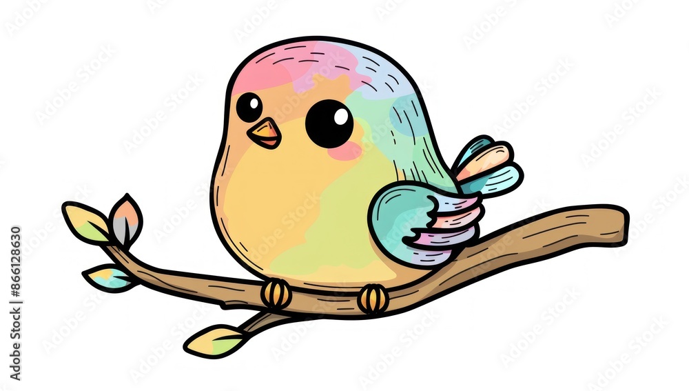 Fototapeta premium Cheerful Cartoon Bird Perched on a Branch Surrounded by Colorful Leaves - Generative ai