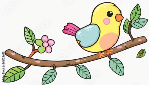 Cheerful Cartoon Bird Perched on a Branch Surrounded by Colorful Leaves - Generative ai
