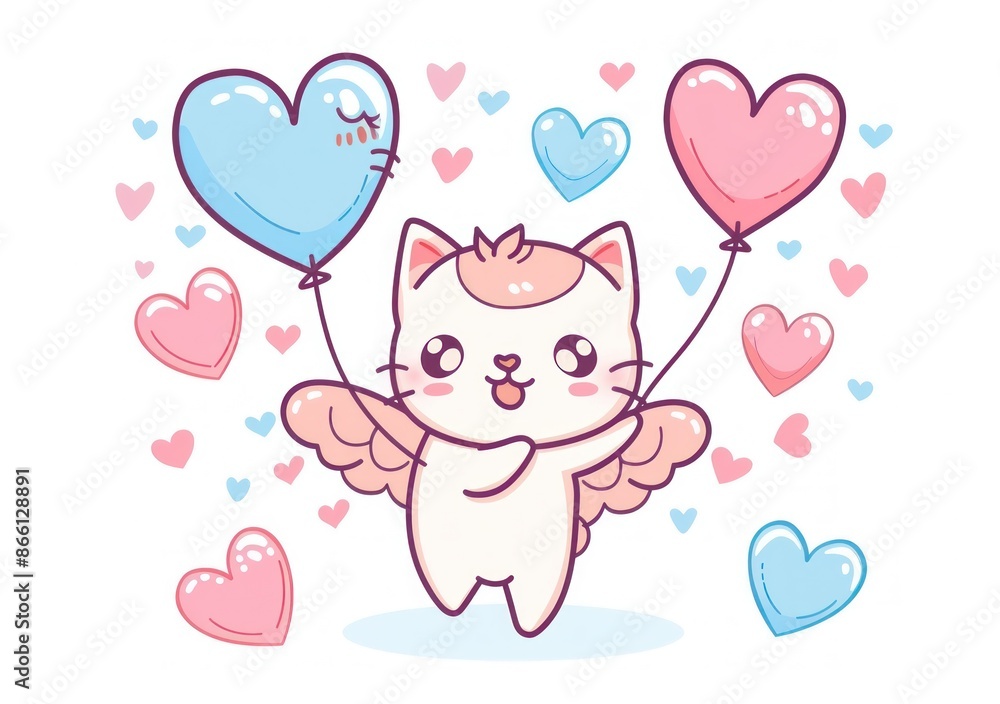 Adorable Cartoon Cat Cupid with Angel Wings and Heart Balloon Surrounded by Love - Generative ai Adorable Cartoon Cat Cupid with Angel Wings and Heart Balloon Surrounded by Love - Generative ai