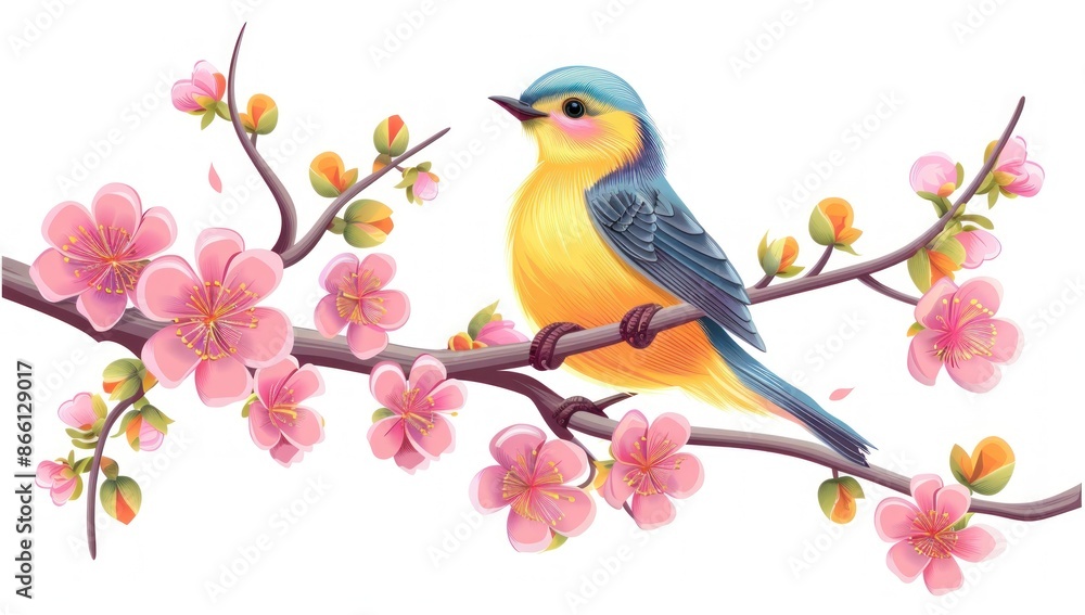 Cheerful Yellow Bird Perched on Blossoming Pink Branch, Embodying Spring's Beauty - Generative ai Cheerful Yellow Bird Perched on Blossoming Pink Branch, Embodying Spring's Beauty - Generative ai