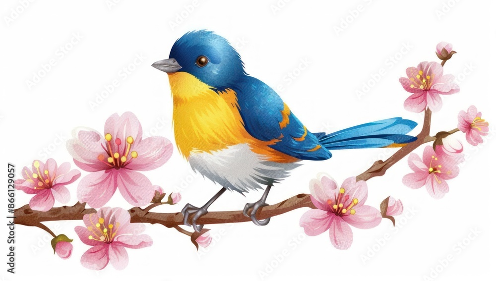 Fototapeta premium Cheerful Yellow Bird Perched on Blossoming Pink Branch, Embodying Spring's Beauty - Generative ai