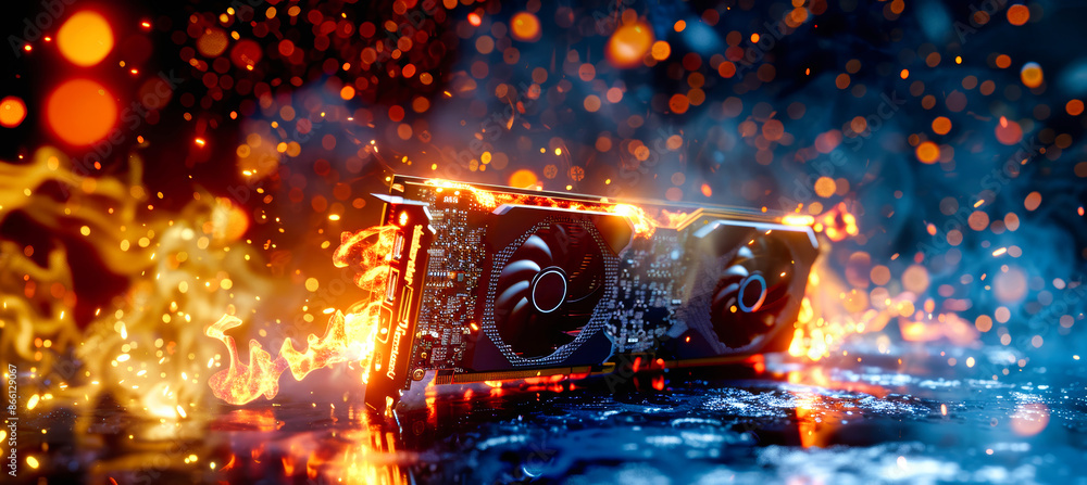 A close-up shot of a graphics card engulfed in fiery sparks, showcasing its intense performance and the heat generated during operation A close-up shot of a graphics card engulfed in fiery sparks, showcasing its intense performance and the heat generated during operation